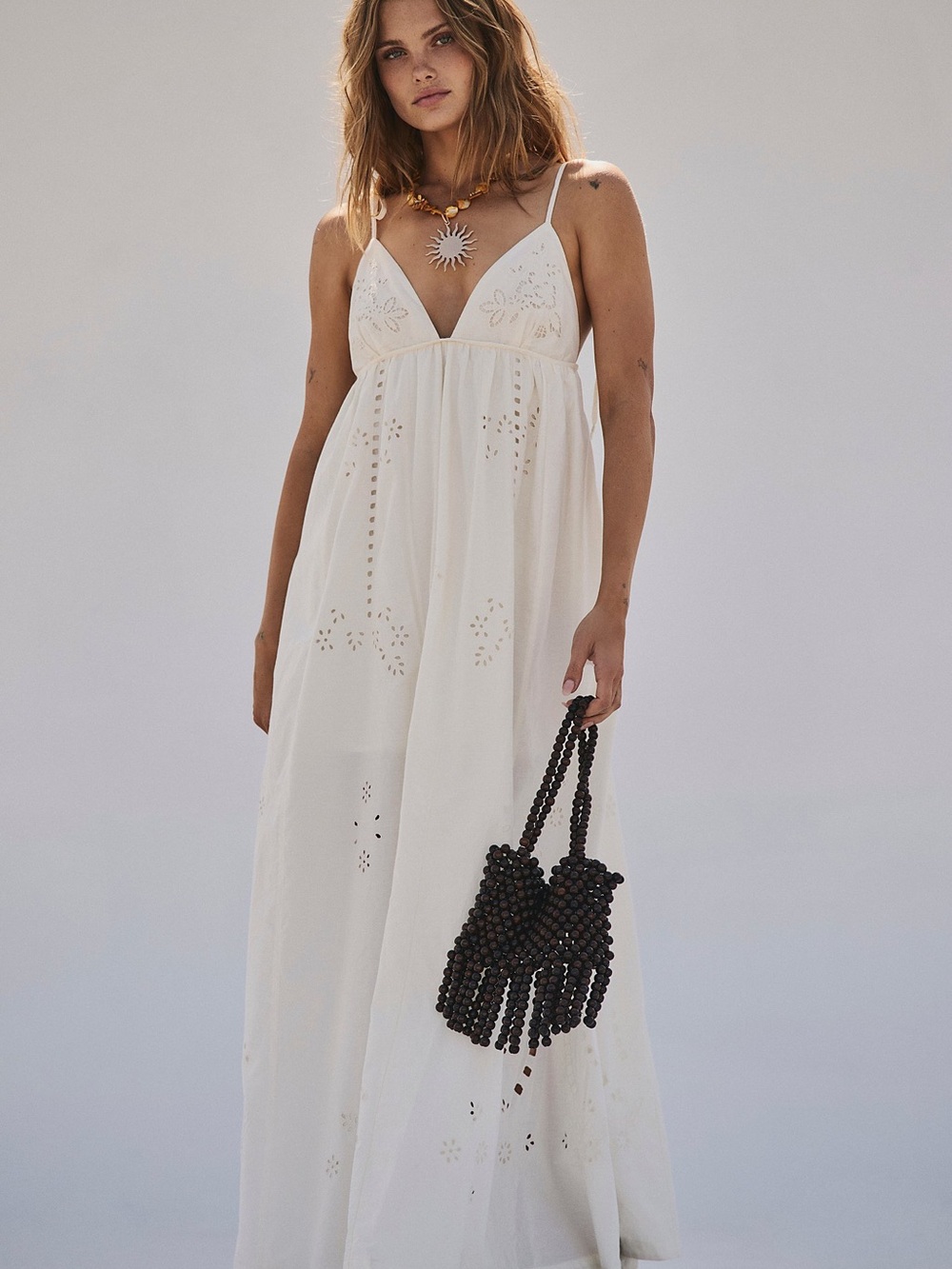 White Eyelet sleeveless Maxi Dress with adjustable Spaghetti Straps semi lined